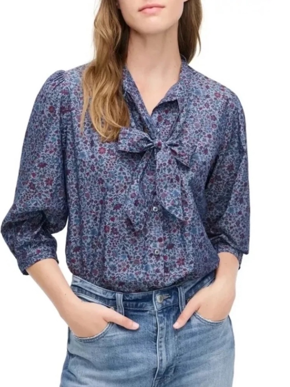 J. Crew Liberty Print Colombo Chambray Tie Neck Blouse M